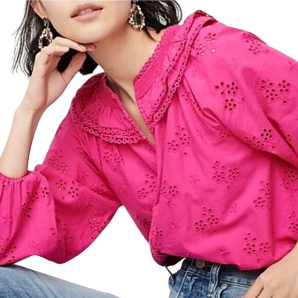 J. Crew Pink Eyelet Ruffled Collar Balloon Sleeve Peasant Blouse Size L - Picture 1 of 8
